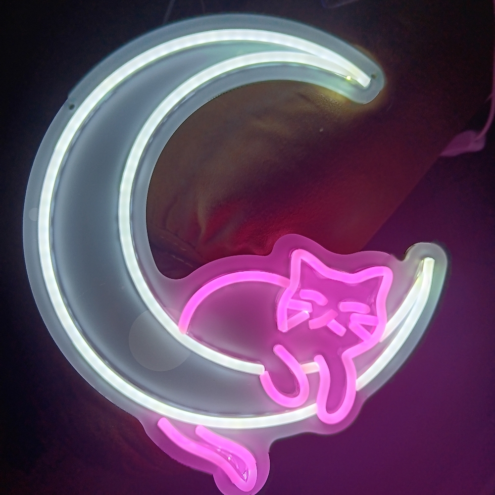 *Neon Sign!*Pink Cat On White Sliver Moon!*